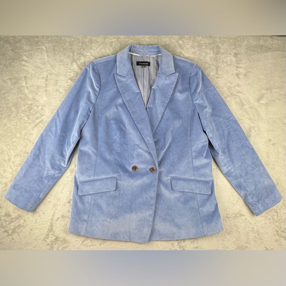 Talbots Corduroy Blazer Jacket 16 Blue Double Breasted Cotton Blend Classic